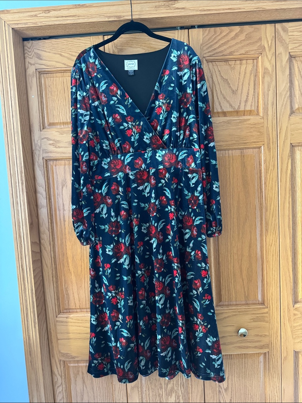 Velvet Navy Faux Wrap with Red Rose design